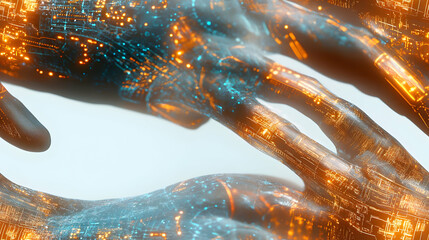 3D Futuristic Hand with Digital Interface: Advanced Human-Computer Interaction & Holograms - Close-Up of Intricate Sensors & Circuits on White Background