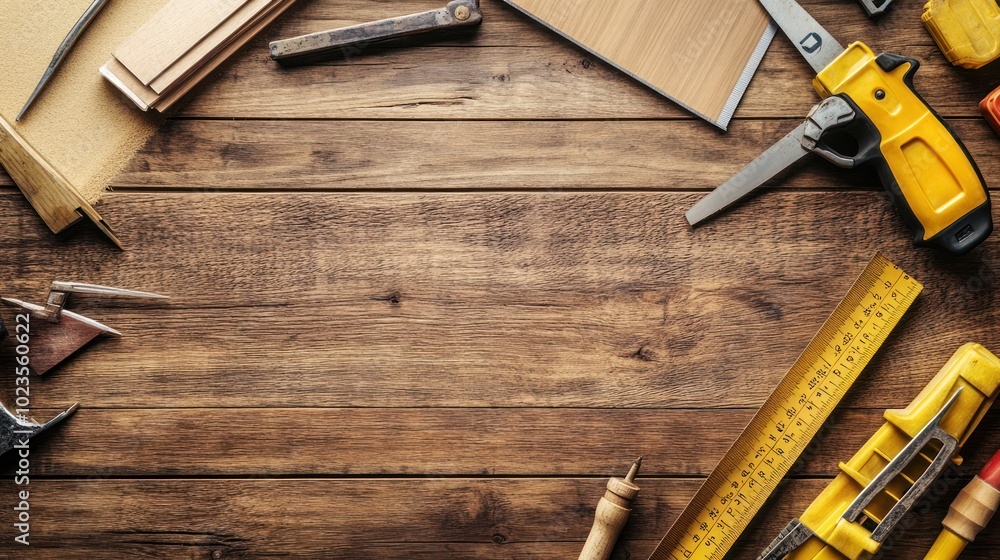 Poster a flat lay of assorted carpentry tools on a rustic wooden surface.