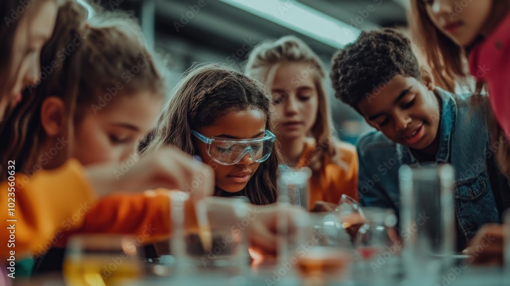 Poster Diverse Group of Children Performing a Science Experiment in a Laboratory