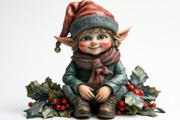 A whimsical elf figurine dressed in festive attire, isolated on white background. 