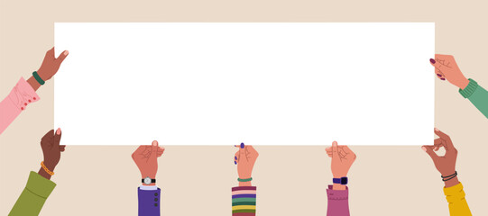 Diverse multiracial hands holding long blank banner. Hand drawn vector illustration isolated on light background. Flat cartoon style.