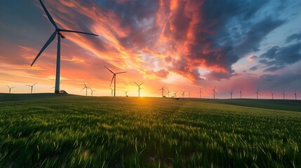 Wind turbines on a green field at sunset with a dramatic sky and vibrant colors. Renewable energy and sustainability concept for posters and wallpapers
