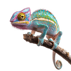 Fototapeta premium Colorful chameleon perched on a branch, showcasing its ability to change colors. isolated on transparency background