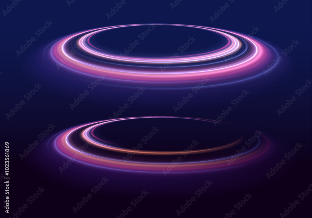Poster set of neon blurry light circles at motion. abstract bright neon loop with transparency. curve blue 
