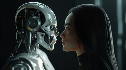 Face to Face Woman and Robot in Studio