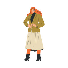 Woman Character Dress Up Put On Clothes Button Jacket Vector Illustration