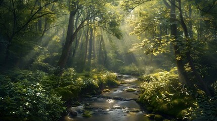 Obraz premium Sunlit forest stream with lush greenery and soft mist