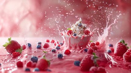 Fresh Fruits on Yogurt Ice Cream Breakfast with Pink Background Side View