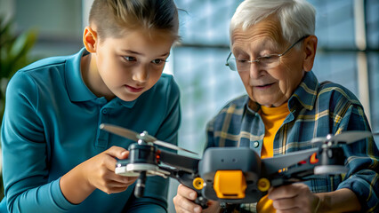 Futuristic Drone Control: Close-Up Macro Shot of Young Adult and Elderly Sibling Collaborating on Advanced Drone Operation, Showcasing Family Teamwork in Photography Concept