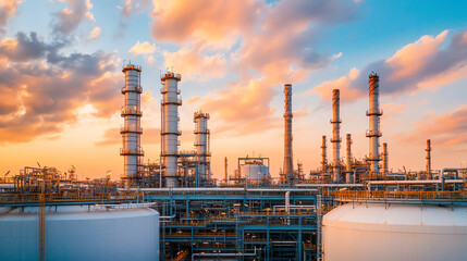 Industrial complex during sunset featuring tall smokestacks and storage tanks with vibrant clouds overhead, showcasing modern manufacturing environments.