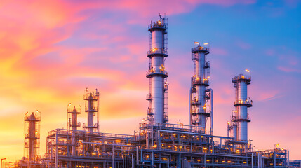Obraz premium A modern industrial complex featuring tall smokestacks against a vibrant sunset sky, showcasing the blending of technology and nature in the manufacturing sector.