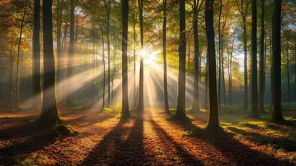 Obraz premium Sun rays breaking through the trees in a misty forest.