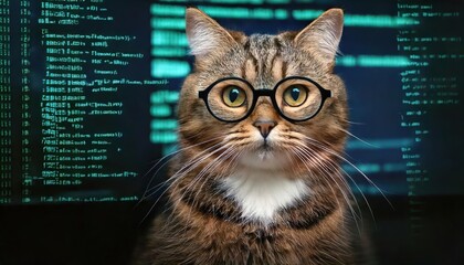 Cat wearing glasses sitting in front of a screen with code side view 