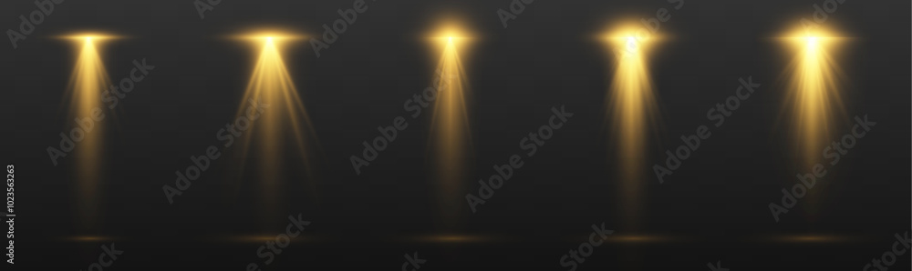 Poster a set of various yellow flashes of light, as well as stars, bright dust and rays of light. swirling 