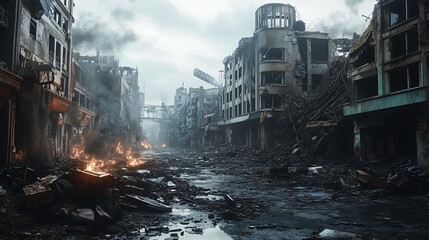 A desolate urban landscape post-disaster, with burning debris and crumbling buildings.