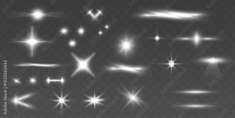 Poster collection of highlights, stars and rays of light with luminous swirling and spiraling particles on 