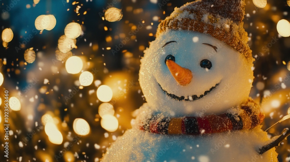 Poster A smiling snowman with a carrot nose and a red and black scarf stands in front of a background of twinkling lights and falling snow.