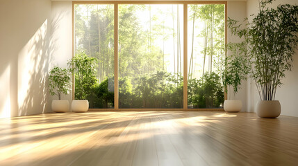 3D Serene Yoga Studio with Bamboo Flooring Concept: Calm and Minimalist Space for Wellness Messaging and Class Schedules on Isolated White Background
