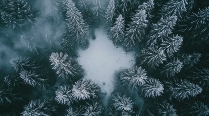 Aerial View of Snow-Covered Pine Trees with a Circular Patch of Snow in the Center