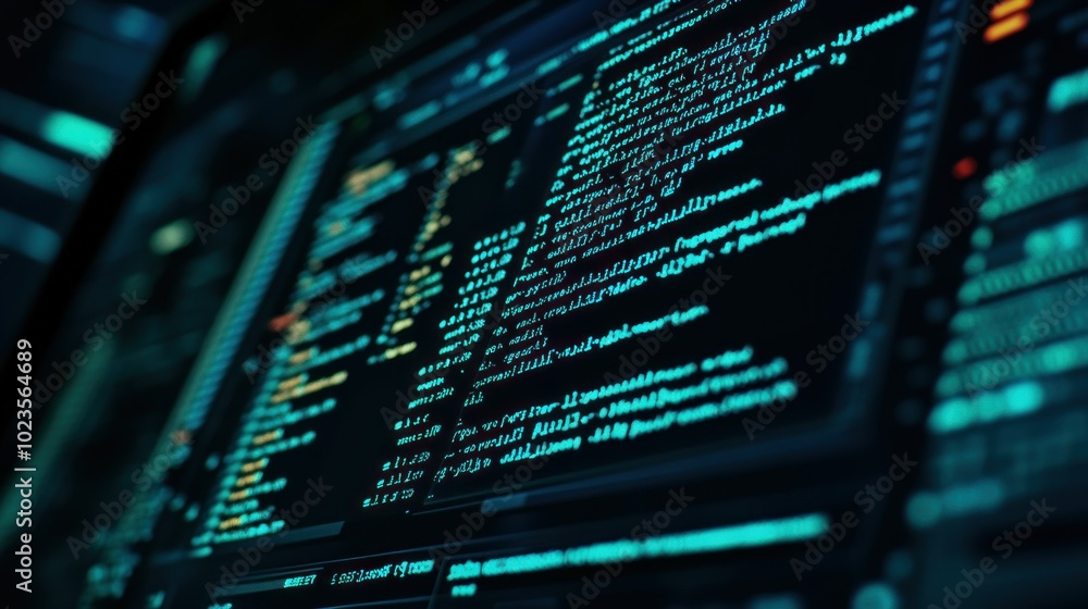 Poster Close-up of a Computer Screen Displaying Green Text Code