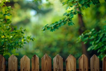 Fototapeta premium Wooden fence with blurred lush green forest vegetation in background