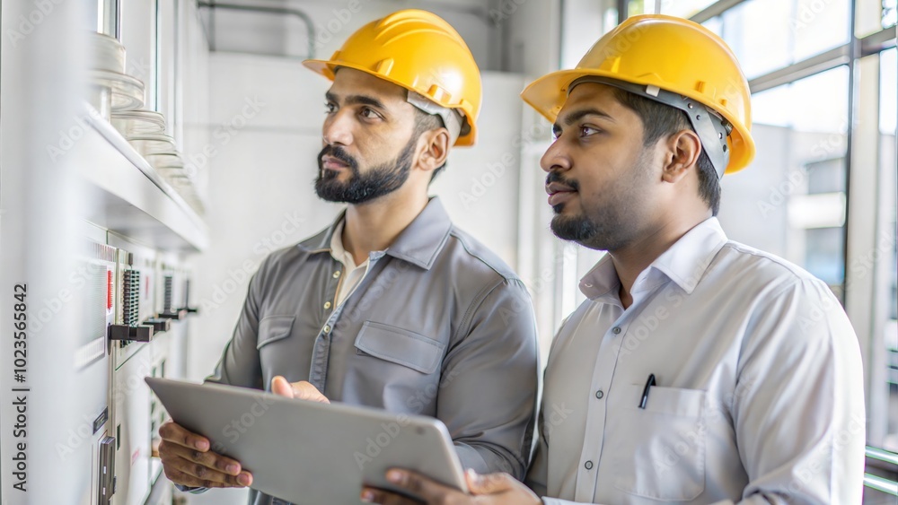 Wall mural side-by-side profile view of two india workers inspecting and maintaining buildings and equipment. u