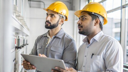 Side-by-side profile view of two india workers inspecting and maintaining buildings and equipment. Upper body close-up. 
