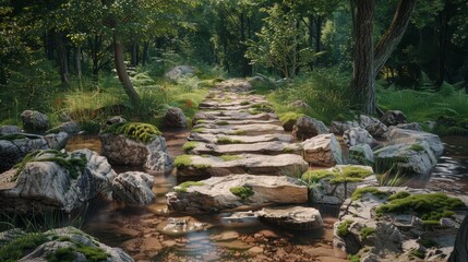 Enchanting Stone Footbridge Over Babbling Brook in Serene Forest Setting