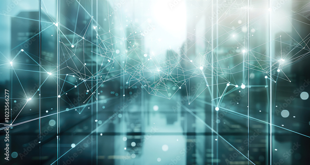 Poster A Sleek, minimalist background with a professional business environment. Subtle technological elements like abstract circuits and neural network. Modern cityscape or corporate office with clean lines.