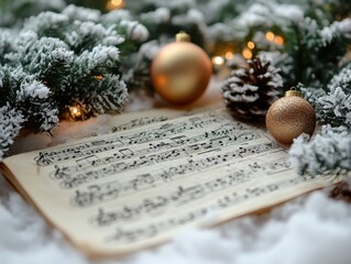 Musical notes and a Christmas song sheet, isolated on white background. 