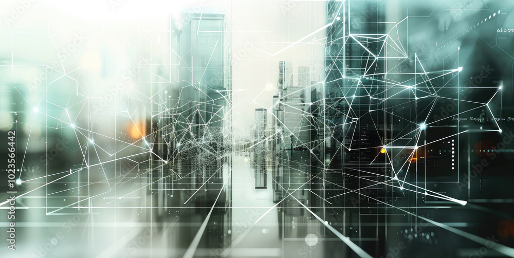 Poster A Sleek, minimalist background with a professional business environment. Subtle technological elements like abstract circuits and neural network. Modern cityscape or corporate office with clean lines.