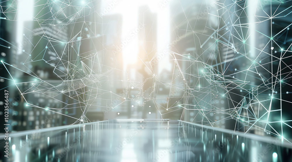 Poster A Sleek, minimalist background with a professional business environment. Subtle technological elements like abstract circuits and neural network. Modern cityscape or corporate office with clean lines.