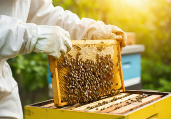 Beekeeper wearing protective clothing is carefully inspecting a honeycomb frame covered in honey bees