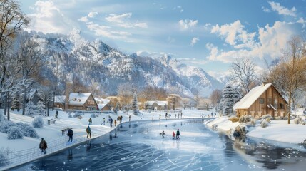 Winter Wonderland Skating on a Frozen River with Cozy Cabins and Snowy Landscape Seasonal Recreation and Serenity