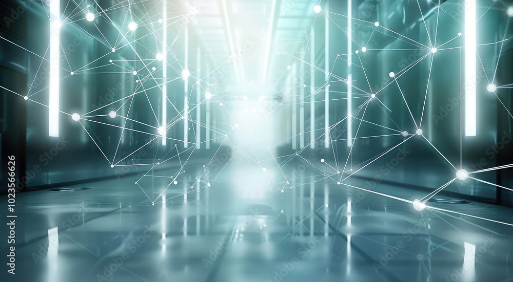 Poster A Sleek, minimalist background with a professional business environment. Subtle technological elements like abstract circuits and neural network. Modern cityscape or corporate office with clean lines.