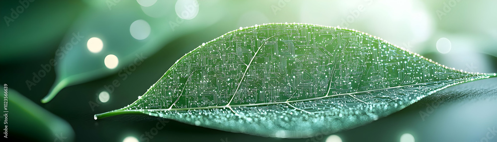 Aufkleber organic leaf shaped frame with digital circuit elements: close-up of leaf veins transforming into le