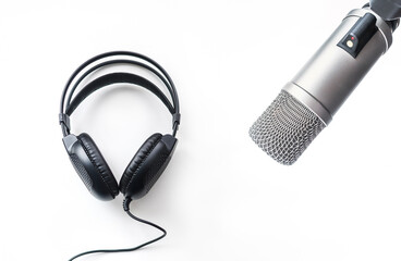 Background with professional microphone and headphones