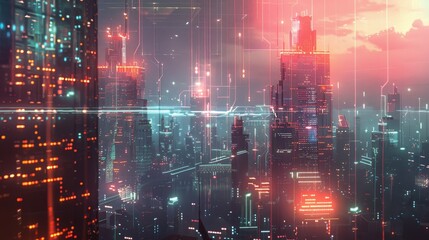Fototapeta premium Electric Dreams Futuristic Cityscape with Interconnected Buildings and Glowing Energy Lines Smart Energy Distribution Concept