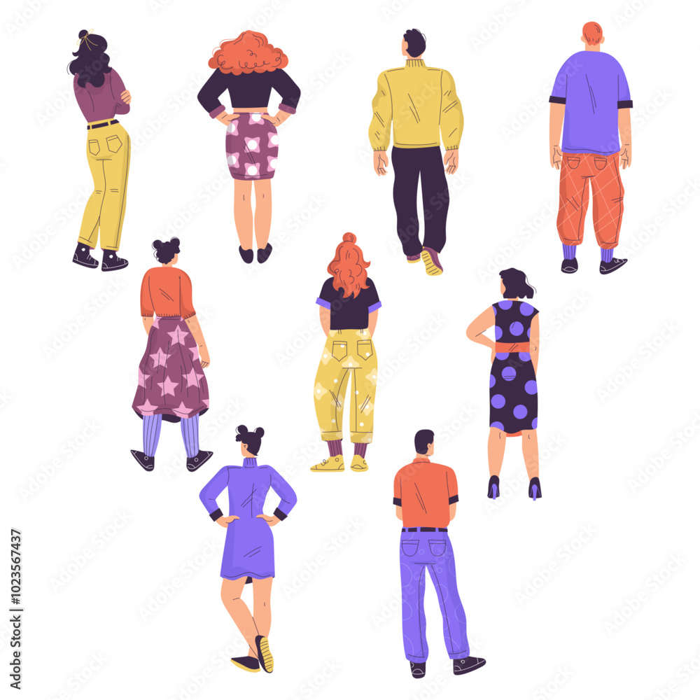 Poster people character standing from behind back view vector set