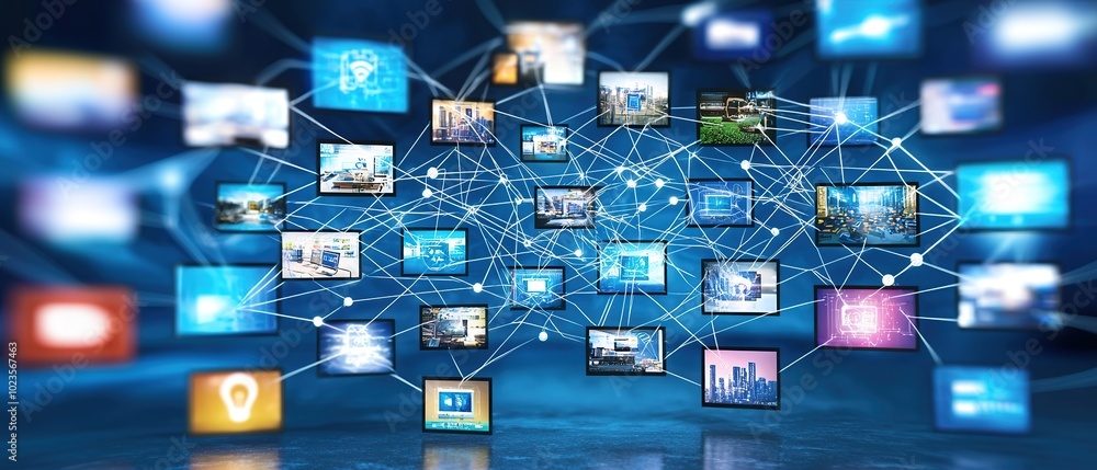 Poster a network of interconnected screens displaying various images, representing the vastness of the inte