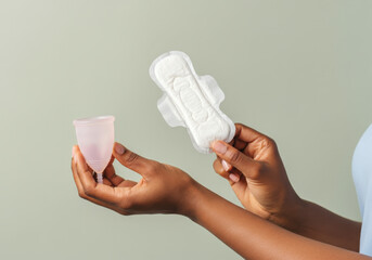 Woman comparing a menstrual cup and a sanitary pad, offering a visual representation of feminine hygiene options