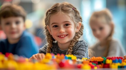 Happy Little Girl Playing with Colorful Building Blocks