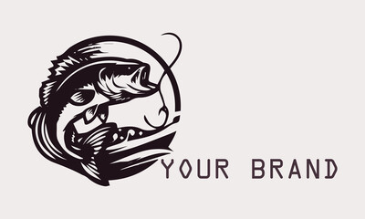 This vector bass fish logo features a powerful and dynamic bass fish silhouette. The minimalist design firmly gives a modern and professional impression. This logo is for fishing brands or fishing