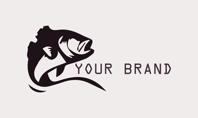 This vector bass fish logo features a powerful and dynamic bass fish silhouette. The minimalist design firmly gives a modern and professional impression. This logo is for fishing brands or fishing