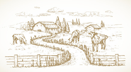 Cow Farm Sketch Rustic Landscape Illustration. Hand Drawn Vector Countryside Village Yard with Domestic Cattle Animals Doodle. Engraving Style Pasture Drawing. Isolated