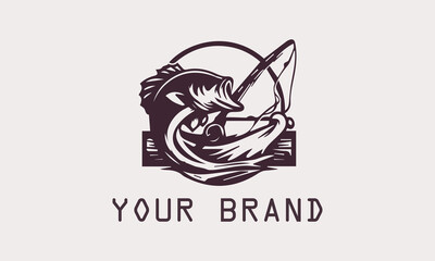 This vector bass fish logo features a powerful and dynamic bass fish silhouette. The minimalist design firmly gives a modern and professional impression. This logo is for fishing brands or fishing