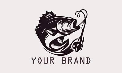 This vector bass fish logo features a powerful and dynamic bass fish silhouette. The minimalist design firmly gives a modern and professional impression. This logo is for fishing brands or fishing