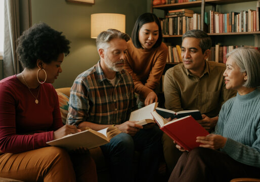 Group of adults are sitting together on a couch, reading books and discussing - Powered by Adobe