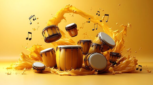 A vibrant illustration showcasing a diverse array of percussion instruments like congas, tambourines, and xylophones, arranged in a spiral formation on a pastel lavender background.