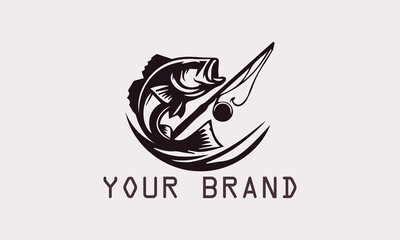 This vector bass fish logo features a powerful and dynamic bass fish silhouette. The minimalist design firmly gives a modern and professional impression. This logo is for fishing brands or fishing